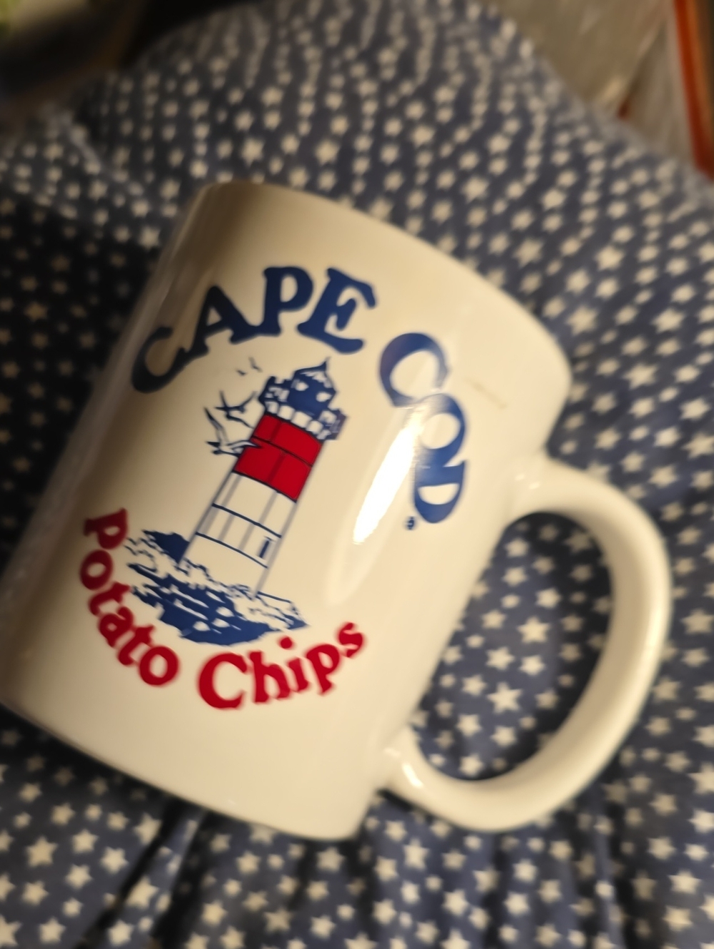 Cape Cod Chips Promo Mug with Red & Blue Lighthouse Map Nantucket Ocean Cottage